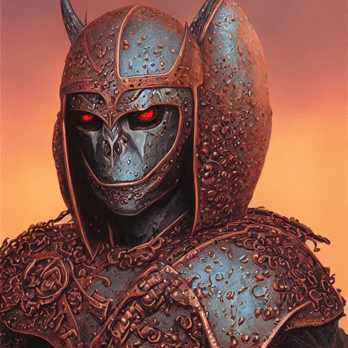 Prompt: portrait of a demonic warrior in copper armor, by michael whelan, fantasy art oil on canvas