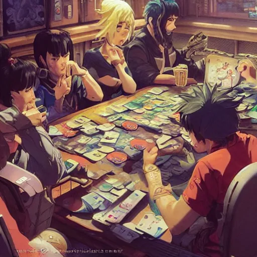 Image similar to precisely drawn illustration of anime group of dwarfs playing cards, wide angle, sharp, fine details, anime, manga, cyberpunk, realistic shaded lighting by katsuhiro otomo ghost-in-the-shell, magali villeneuve, artgerm, rutkowski Jeremy Lipkin and Giuseppe Dangelico Pino and Michael Garmash and Rob Rey