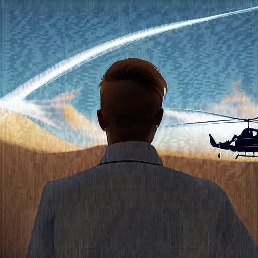 Image similar to blond male doctor in front of helicopter, epic lighting, digital art