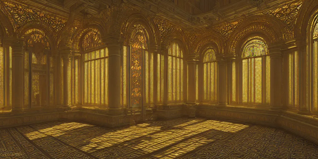 Prompt: beautiful interior render of a huge divine kingdom palace, symmetric, dazzling light beam penetrated through the window, the style of louis comfort tiffany, pascal blanche, andreas rocha, paul pepera, raphael lacoste, scene render, perfect shadow, exquisite, gradient, fine structure texture, unreal engines, atmospheric lighting, 4 k hd