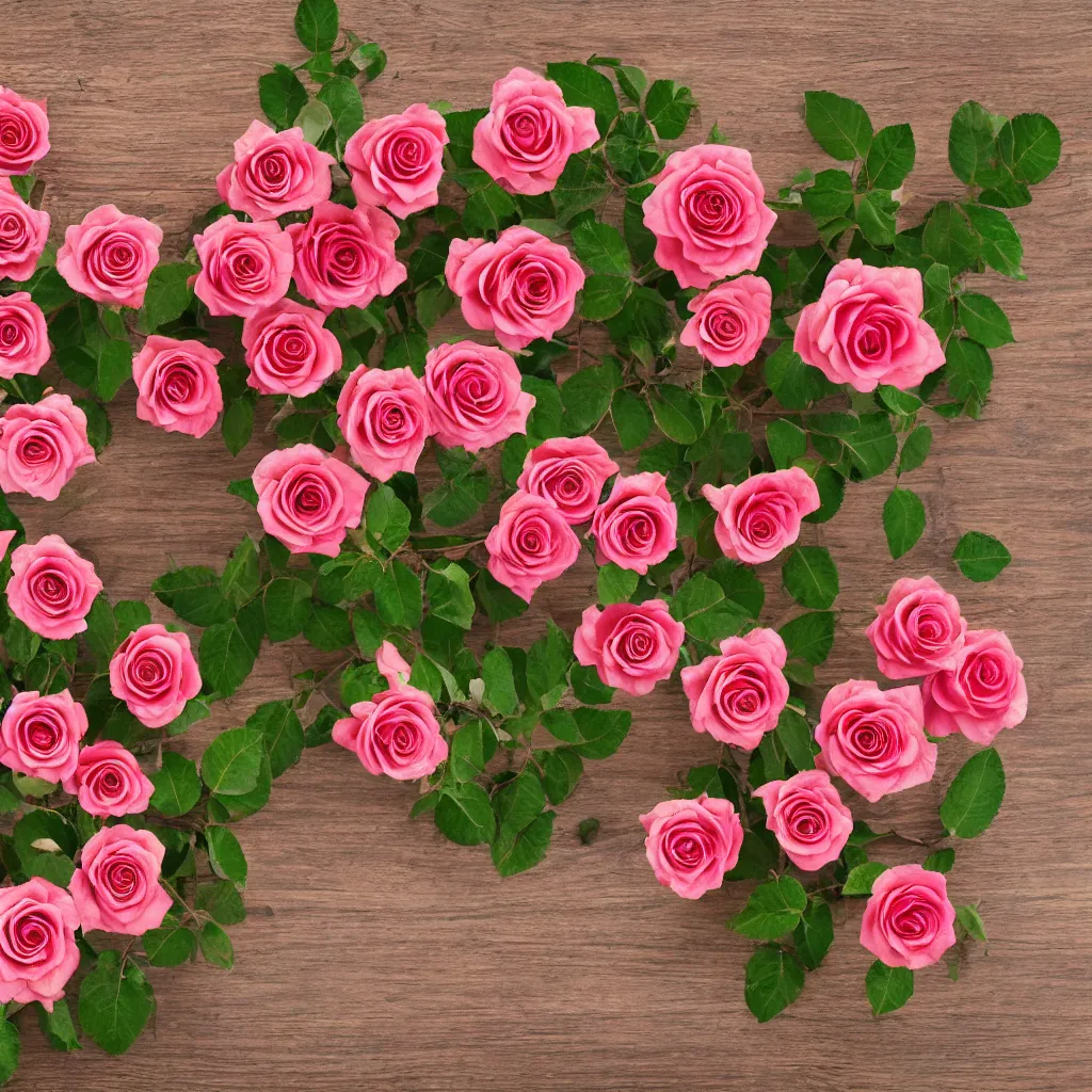 Prompt: top-down view of roses on top of a wooden table, 4k, photorealistic