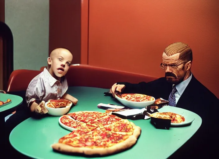 Prompt: portrait of walter white eating pizza sitting with president obama at chuck - e - cheese, dramatic lighting, moody film still from breaking bad ( 2 0 1 2 ), 3 5 mm kodak color stock, 2 4 mm lens, directed by rian johnson, ecktochrome