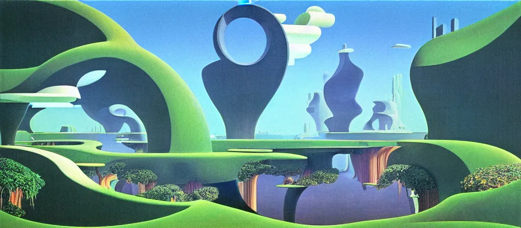 Image similar to huge gargantuan angular dimension of infinite liminal spaces, buildings by escher and ricardo bofill. utopian landscape by roger dean. magical realism, surrealism, waterfalls, clouds, mallsoft, vaporwave, shot from below, epic scale