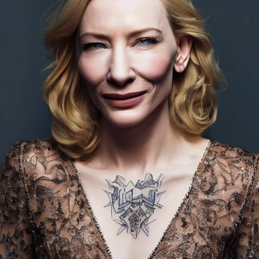 Image similar to high resolution image of cate blanchett with full body tattoo , highly detailed, photorealistic, 4k