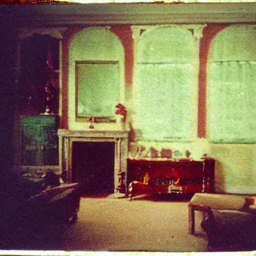 Image similar to coloured atmospheric polaroid photo of a old living room interior with transparent ghosty banshee corpse body floating