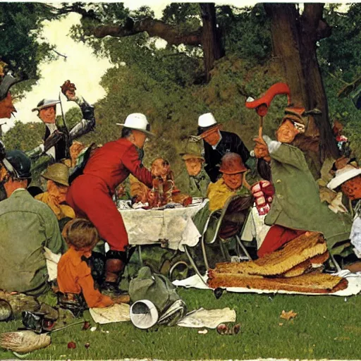 Prompt: Fireants on strike, forming a picketing line around a ham sandwich at a picnic, by Norman Rockwell