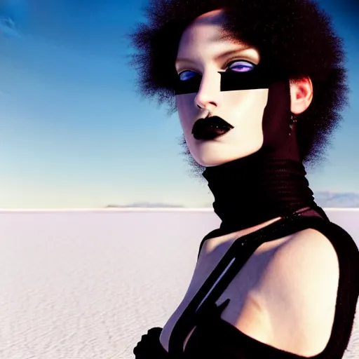 Image similar to photographic portrait of a stunningly beautiful goth cyberpunk renaissance female in strong sunshine on a salt flat, contemporary fashion shoot, by edward robert hughes, annie leibovitz and steve mccurry, david lazar, jimmy nelsson, breathtaking, 8 k resolution, extremely detailed, beautiful, establishing shot, artistic, hyperrealistic, beautiful face, octane render