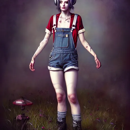 Prompt: full body pose, grungy alice, torn overalls, short shorts, combat boots, fishnets, beautiful, highly detailed face, true anatomy!, extremely detailed!, digital painting, unreal engine 5, art by tom bagshaw