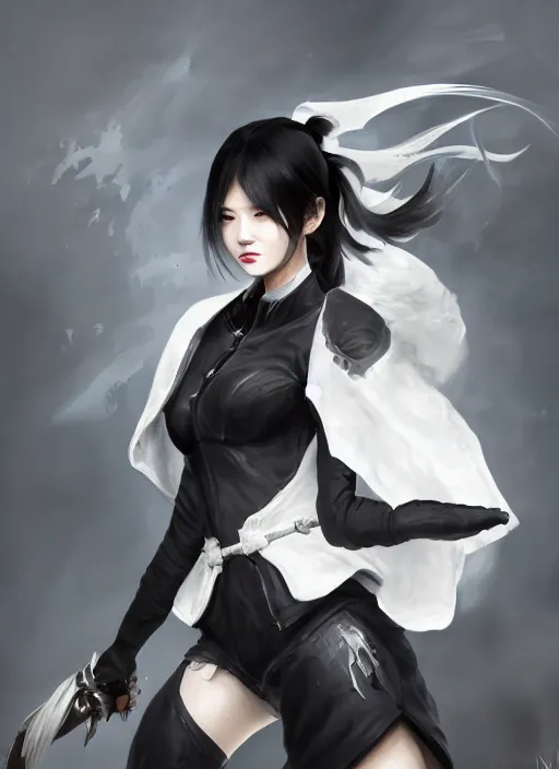 Prompt: a highly detailed illustration of fierce messy ponytail black haired one armed delinquent japanese woman wearing white cap wearing long white jacket cape, dramatic wielding sword pose, muscular, intricate, elegant, highly detailed, centered, digital painting, artstation, concept art, smooth, sharp focus, league of legends concept art, wlop.