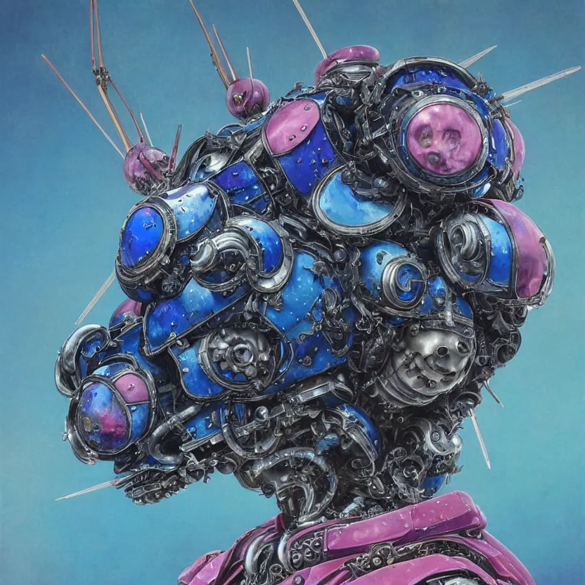 Prompt: a baroque neoclassicist renaissance close - up portrait of a deep blue and pink iridescent whimsical 1 8 0 0 s japanese mecha gundam butterfly creature with big eyes. reflective detailed textures. puffy clouds, dark background. highly detailed fantasy science fiction painting by moebius, norman rockwell, frank frazetta, and syd mead. rich colors, high contrast. artstation