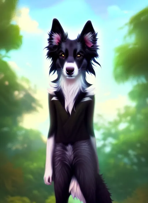 Image similar to wide angle beautiful full body portrait of a cute male anthro border collie fursona posing in front of a park, character design by charlie bowater, henry asencio, and ross tran, furry art, furaffinity, beautiful, glamor pose, detailed, aesthetic, trending on artstation