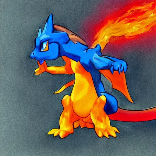 Image similar to a blue charizard ~ painting ~ water powers ~ digital art ~ amazing ~ trending ~