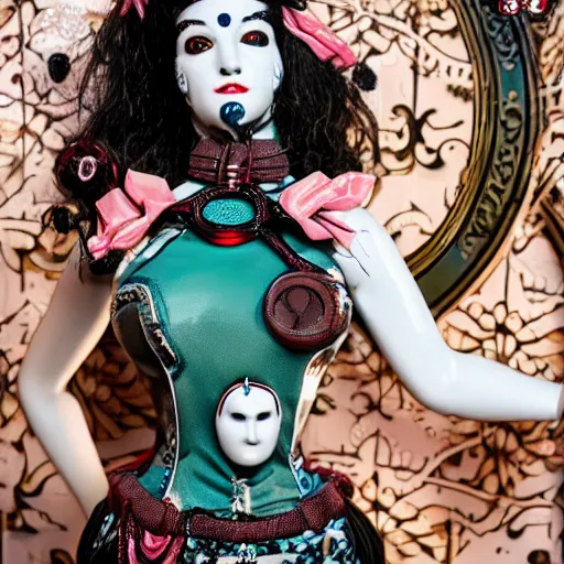 Prompt: cybergoth porcelain woman with artnouveau garment and ornaments sharp focus 8 k