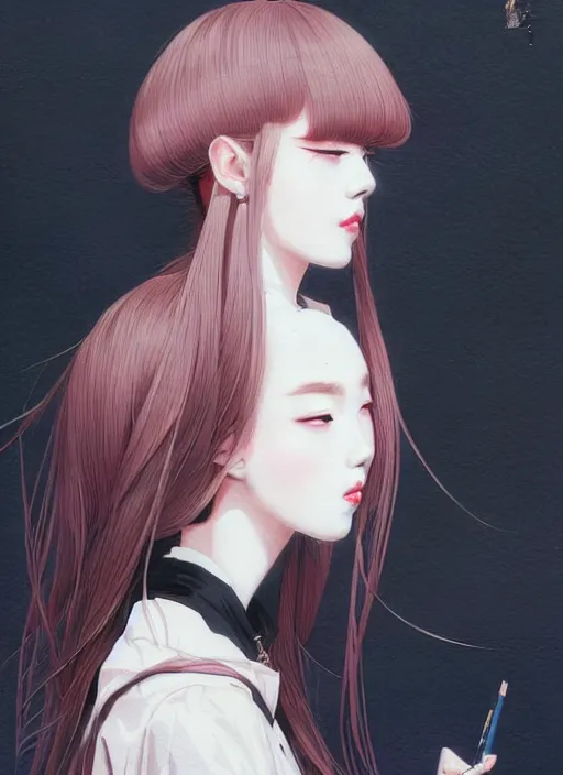 Image similar to a portrait of a young woman in japanese street fashion clothing, confident pose, intricate, elegant, sharp focus, illustration, highly detailed, concept art, matte, trending on artstation, anime, art by james jean and artgerm and brian despain and alberto mielgo, greg rutkowski, wlop, ilya kuvshinov, strong strokes