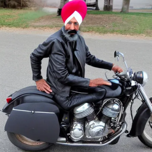 Image similar to photograph of an elderly sikh man in a leather jacket, riding a motorcycle