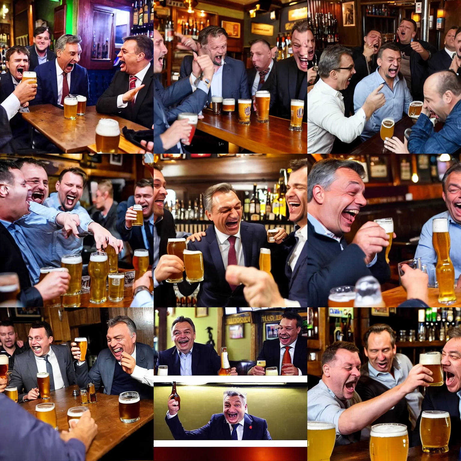 Prompt: guys having beers frantically laughing and screaming in a pub, with hungarian prime minister viktor orban