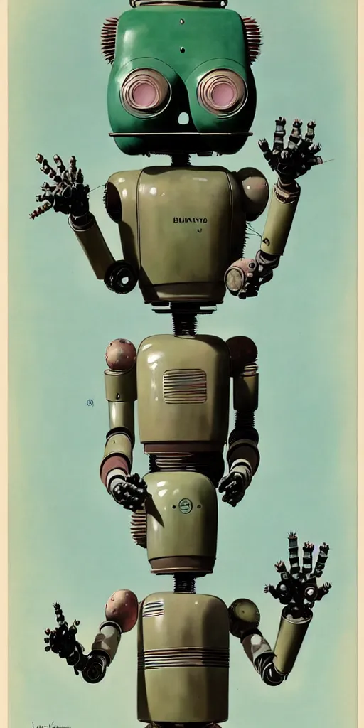 Image similar to 1950s retro cactus robot, Bionic Arms and eyes. muted colours. by Jean-Baptiste Monge, wide shot