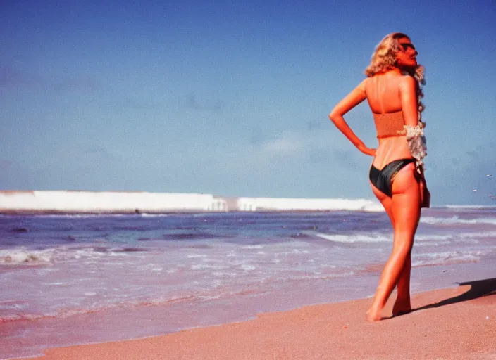 Prompt: A film photography of Ursula Andress of Dr No walking on a synthwave beach. by William Egglestone. Cinematic. Golden Hour. Kodak Portra 400. Lens flare. 50mm lens
