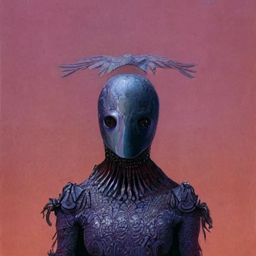 Image similar to young female in detailed golden mask of raven by Wayne Barlowe