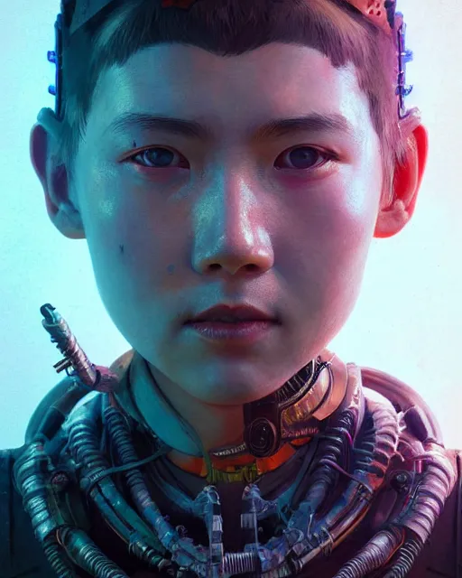 Image similar to portrait of Aloy as a cyborg. intricate abstract. intricate artwork. by Tooth Wu, wlop, beeple, dan mumford. octane render, trending on artstation, greg rutkowski very coherent symmetrical artwork. cinematic, hyper realism, high detail, octane render, 8k, iridescent accents