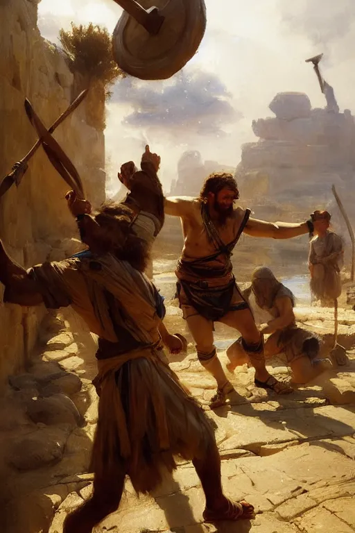 Image similar to ancient biblical israeli young man david slinging a stone at the philistine giant goliath of gath in battle by anders zorn, wonderful masterpiece by greg rutkowski, beautiful cinematic light, by greg manchess, jessica rossier