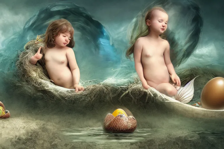 Image similar to a baby mermaid emerging out of an egg, matte painting, concept art, digital art, trending on artstation, 4 k, extremely detailed, realistic, fantasy art, anne geddes