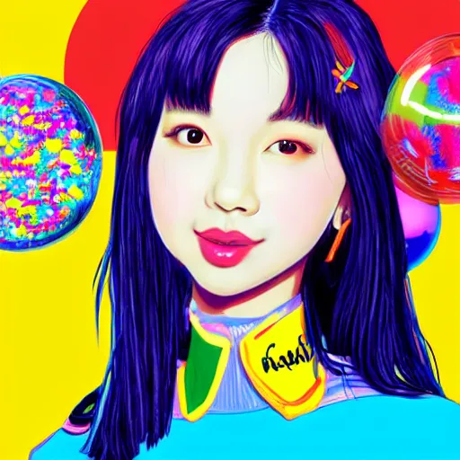 Prompt: an illustration that caricaturizes im nayeon of twice, colorful, bubbles, candy - coated, sugary sweet, yellows and blues