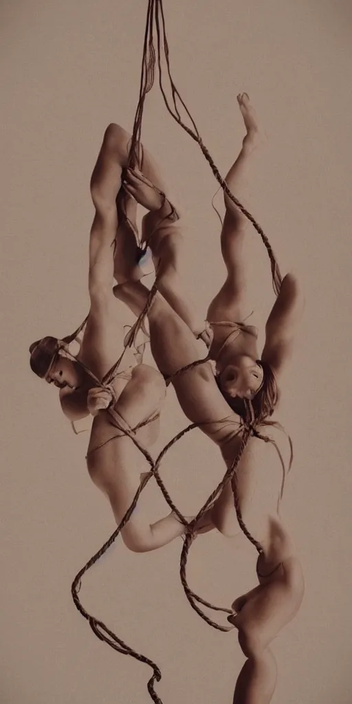 Prompt: beautiful female bodies intertwined, shibari ropes wrapped around bodies, surrealism, abstract, no face