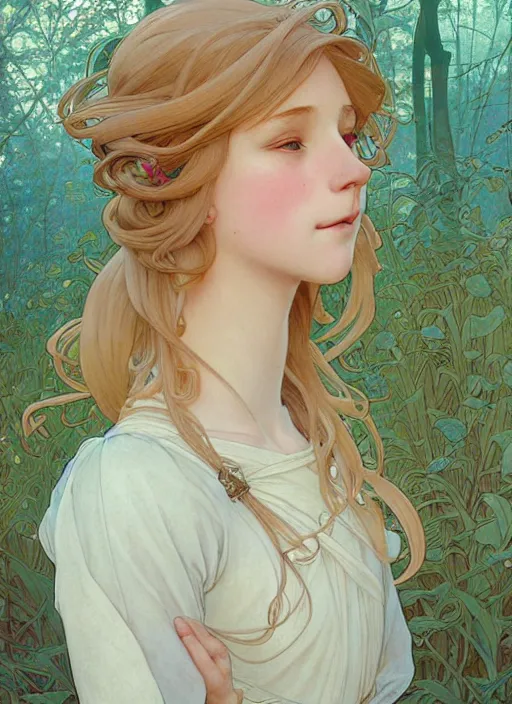 Image similar to pretty young man with shoulder length blond hair, half body shot, path traced, highly detailed, high quality, digital painting, by studio ghibli and alphonse mucha, leesha hannigan, hidari, disney, jules bastien - lepage, art nouveau, android jones, andreas rocha, conrad roset