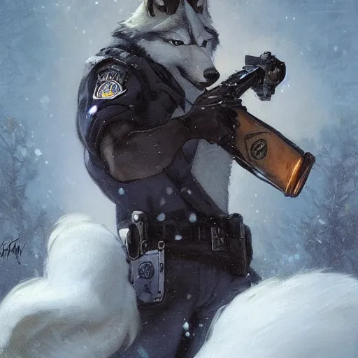 Image similar to anthropomorphic wolf police officer with white fur. Renowned character illustration by greg rutkowski, thomas kindkade, alphonse mucha, loish, norman rockwell. Trending on furaffinity