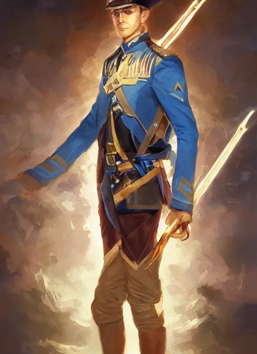 Prompt: handsome young man face, brown wavy hair, glowing blue powerful eyes, wearing blue colonial commander military jacket with a magical glowing spear, portrait, by artgerm, by greg rutkowski, by noah bradley, digital avedon