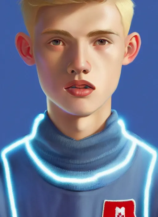 Image similar to portrait of a teenage boy named moose mason, blonde short hair, jock, beefy, square jaw, square facial structure, 1 9 5 0 s, blue varsity jacket, intricate, elegant, glowing lights, highly detailed, digital painting, artstation, concept art, smooth, sharp focus, illustration, art by wlop, mars ravelo and greg rutkowski