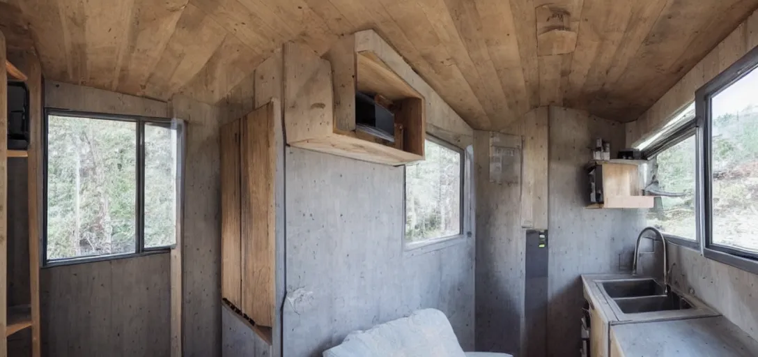 Image similar to brutalist tiny home on trailer, made of stone.