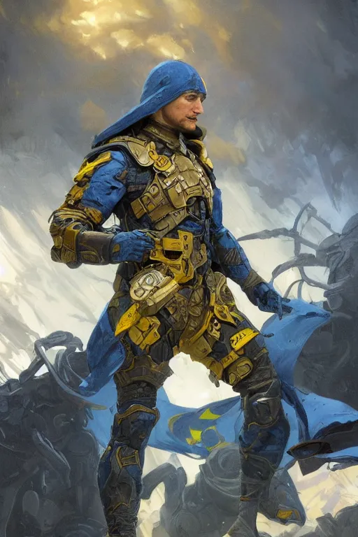 Image similar to shot of Vladimir Zelenskiy as a super soldier with Ukrainian blue and yellow flag on his back, handsome, fantasy, intricate, pile of skulls under his feet, elegant, highly detailed, digital painting, artstation, concept art, smooth, sharp focus, illustration, art by artgerm and greg rutkowski and alphonse mucha