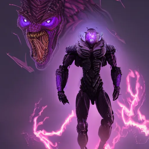 Image similar to Character design body made of purple fire, body with black and purple lava, Lizardman Art, muscular male body, mecha humanoid with cyberpunk bomber jacket, concept art character, royalty, smooth, sharp focus, organic, deep shadowsby Jerad Marantz, hyperrealistic oil painting, 4k, studio lightning