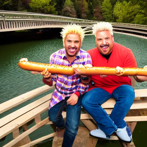 Image similar to stock image guy holding hot dog over a bridge with guy fieri