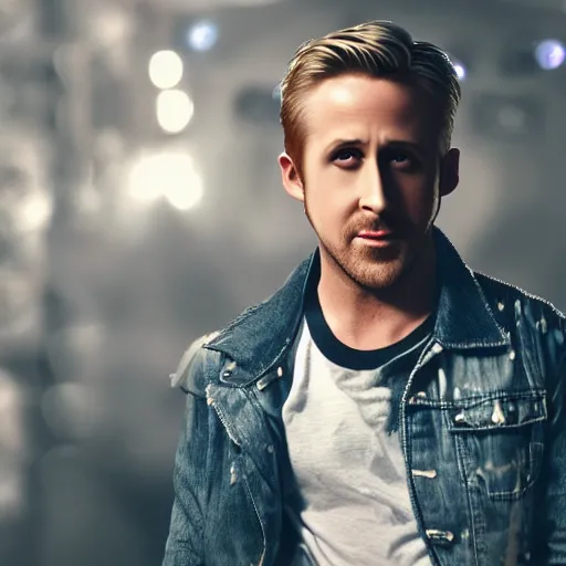 Image similar to Ryan Gosling with silver-violet hair, white eyes inflated press and denim glittery vest, wide lens, diorama, 4k,