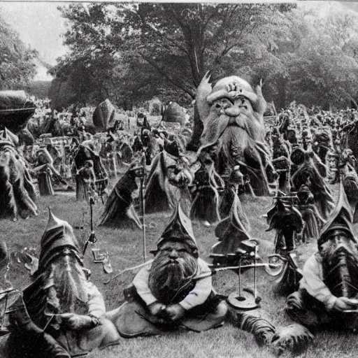 Prompt: a beatiful dwarven festival in 1917 in a fertile green park with surreal elven nature, a gnome rock band concert and dwarven BBQ