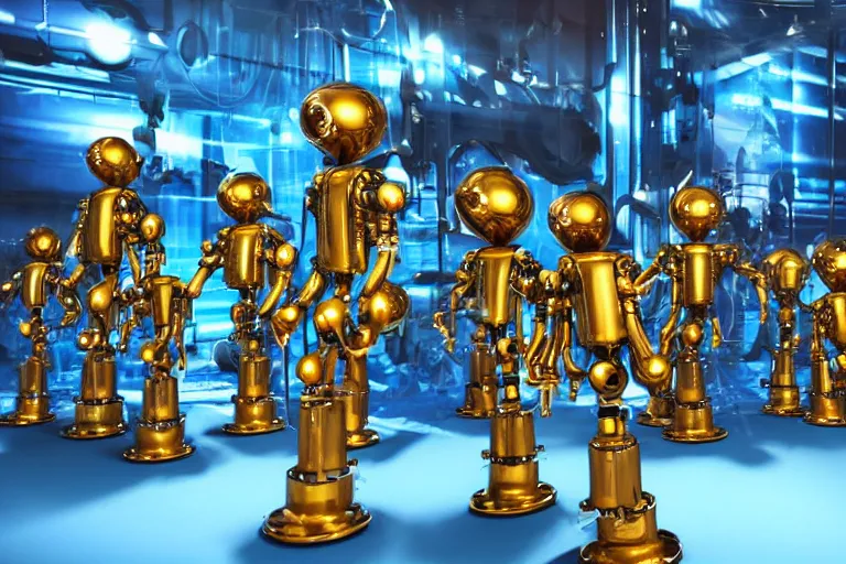 Image similar to a queue of 7 golden and blue metal humanoid steampunk robots dancing inside a television studio from americas got talent, robots are wearing and gears and tubes, eyes are glowing red lightbulbs, shiny crisp finish, 3 d render, 8 k, insaneley detailed, fluorescent colors, nightlight