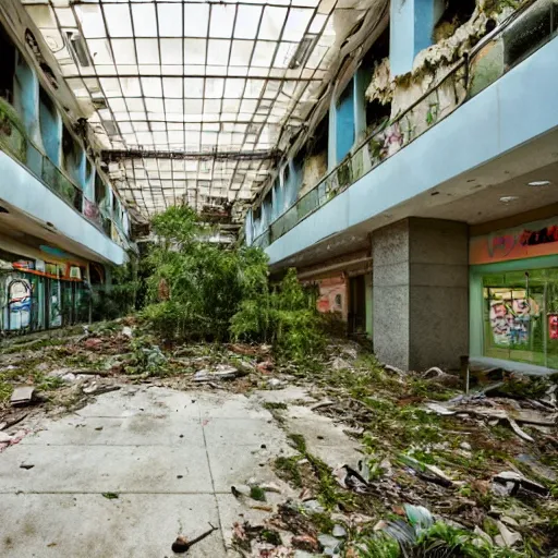 Image similar to a post-apocalyptic abandoned 1990s mall, lush overgrowth