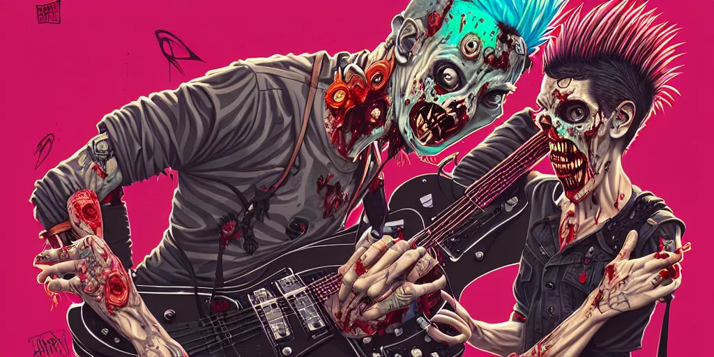 Image similar to a zombie punk rockers with a mohawk playing electric guitar and singing, tristan eaton, victo ngai, artgerm, rhads, ross draws, cinematic by francis tneh