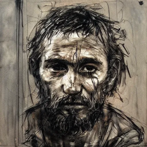 Image similar to portrait of a homeless man by guy denning