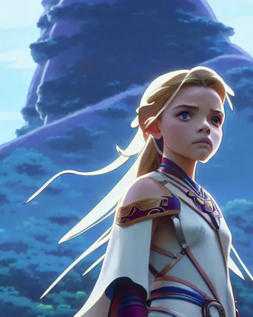 Image similar to chloe grace moretz as an azctec warrior, detailed perfect face, exquisite details, fire magic, mid view, design on a white background, by studio muti, greg rutkowski makoto shinkai takashi takeuchi studio ghibli