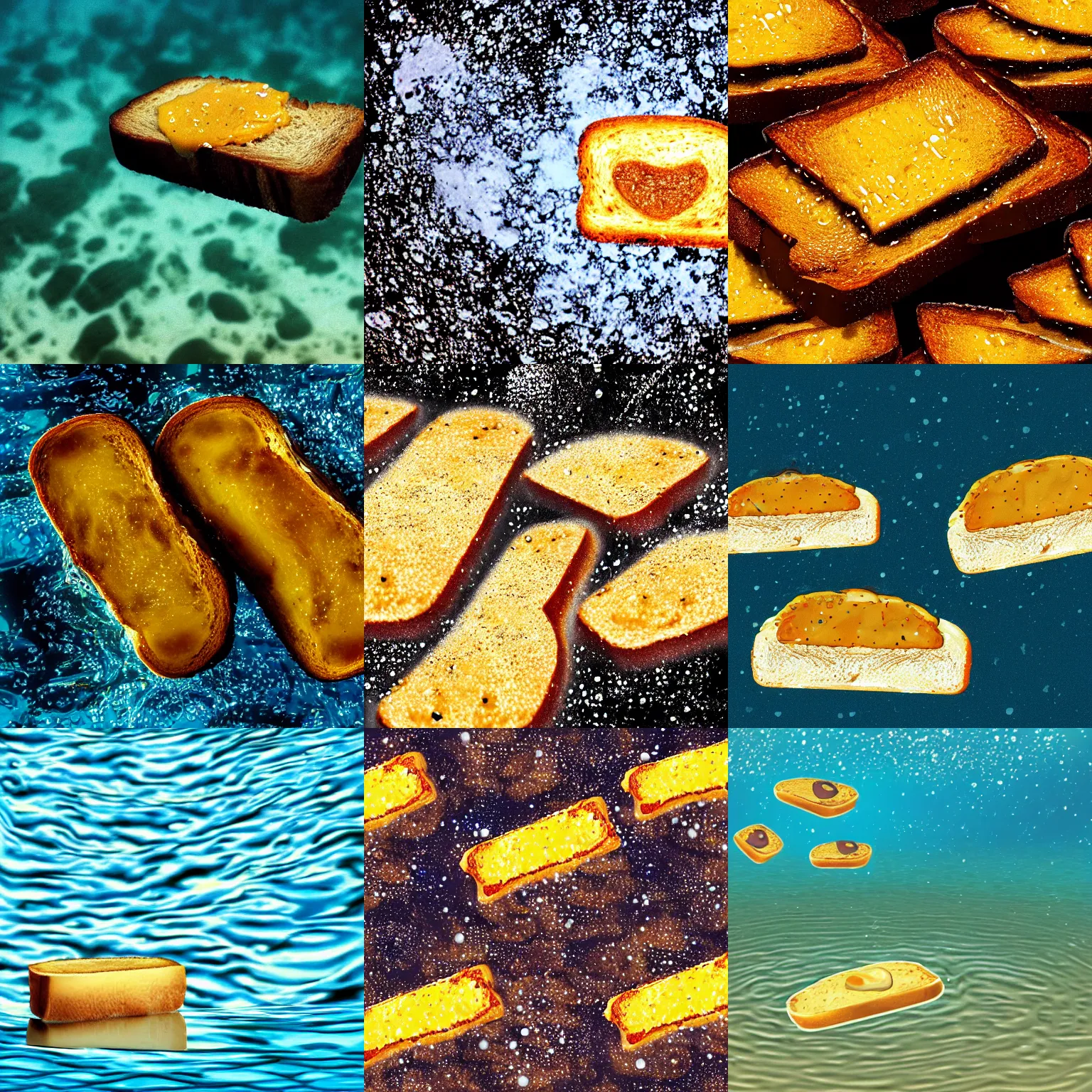 Prompt: buttered burnt toast floating underwater, burnt, wet, cartoon