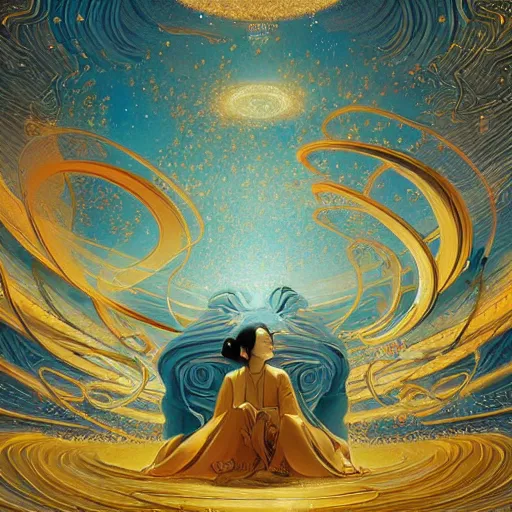 Prompt: beautiful Korean theme interstellar space in a Luxurious flow of golden emotions in an everlasting serene of elegancy, dramatically in the art style of James Jean, rgb, 4k quality