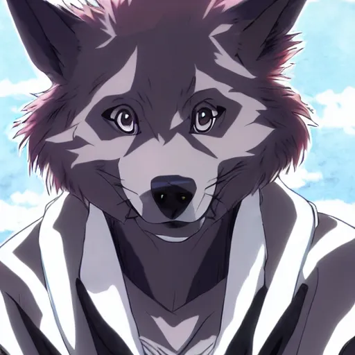 Image similar to key anime visual portrait of an anthropomorphic anthro wolf fursona, in a jacket, with handsome eyes, official modern anime art