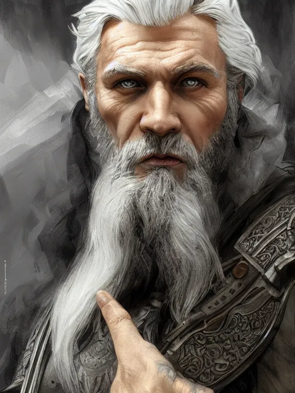 Image similar to ainted portrait of rugged odin, god of war, norse god, white hair, masculine, mature, handsome, upper body, grey and silver, muscular, hairy torso, fantasy, intricate, muscular, elegant, highly detailed, digital painting, artstation, concept art, smooth, sharp focus, illustration, art by gaston bussiere and alphonse mucha