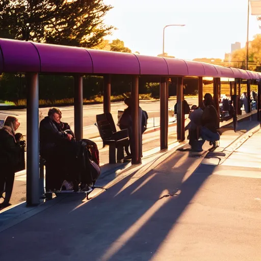 Image similar to photo of people waiting at bus stop, afternoon lighting