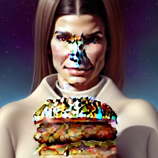 Prompt: portrait of Sandra Bullock eating hamburgers, extra onions and ketchup, luscious patty with sesame seeds, feminine ethereal, handsome, D&D, fantasy, intricate, elegant, highly detailed, digital painting, artstation, concept art, matte, sharp focus, illustration, art by Artgerm and Greg Rutkowski and Alphonse Mucha