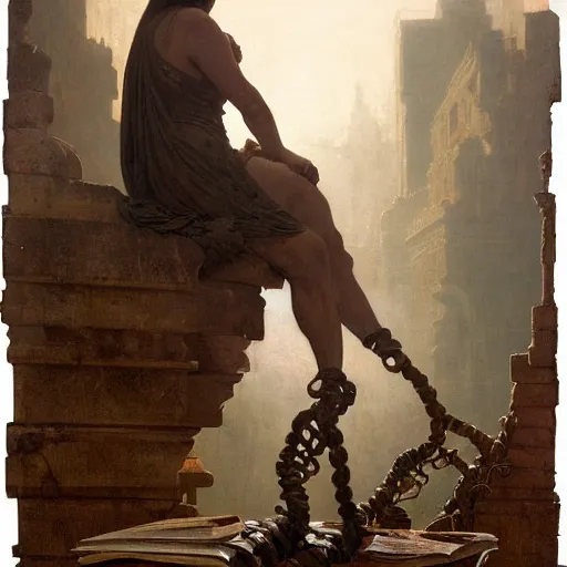 Image similar to half portait of medusa wearing a closed cowl and big old book! chained to the wrist, jeremy mann, jean - leon gerome, tiepolo, alphonse mucha, greg rutkowski, face in the shadows, ( ( ruins of ancient rome ) ), at dusk, mysterious atmosphere, sunrays, dof, high detailed, 8 k